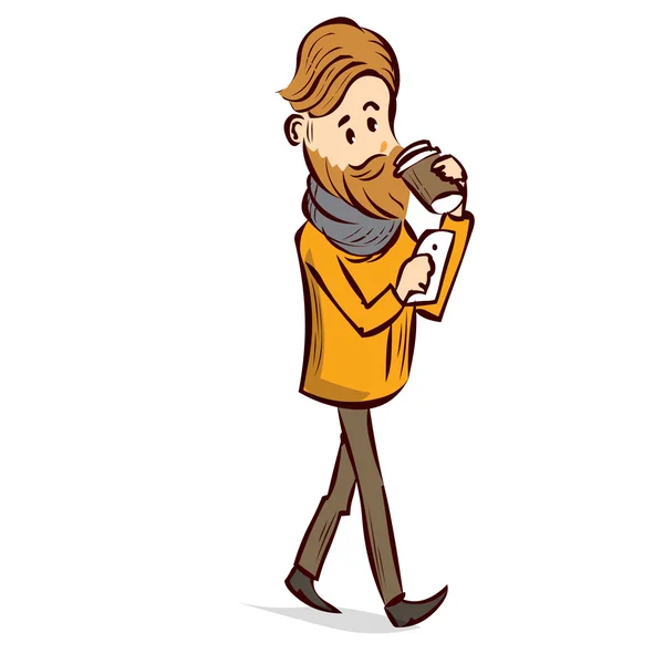 Hipster junger Mann trinkt Kaffee im Freien. — Stockvektor