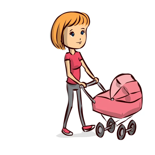 Młoda matka z wózka spacery — Wektor stockowy