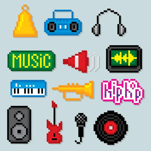 Conjunto de iconos musicales. Pixel arte — Vector de stock