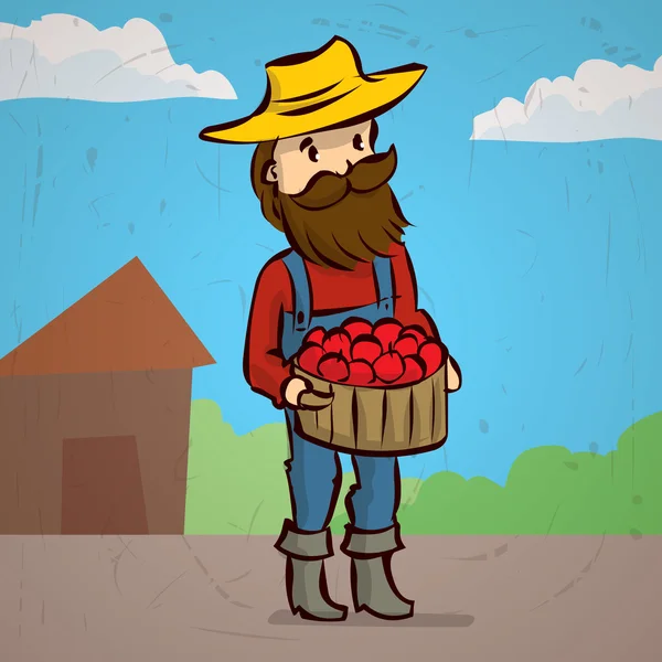 Agricultor de dibujos animados cosechando manzanas — Vector de stock