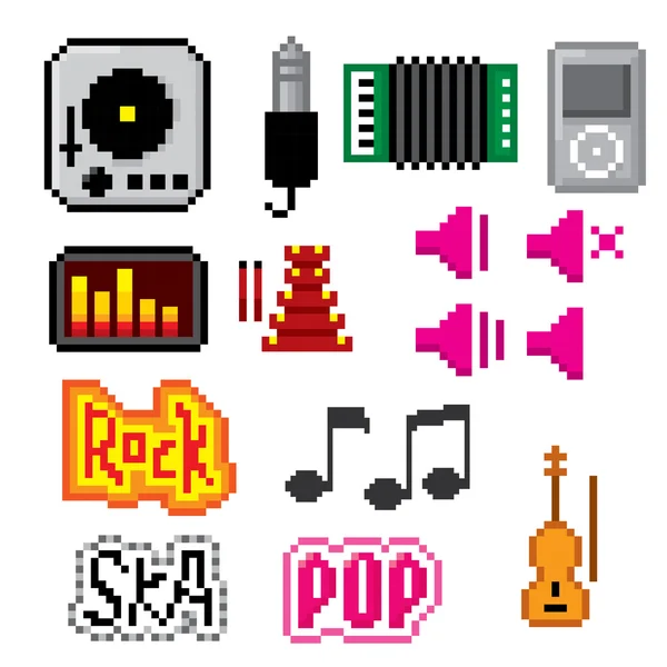 Conjunto de iconos musicales. Pixel arte — Vector de stock