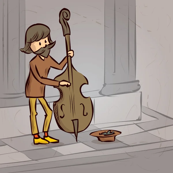 Straat muzikant speelt contrabas. — Stockvector