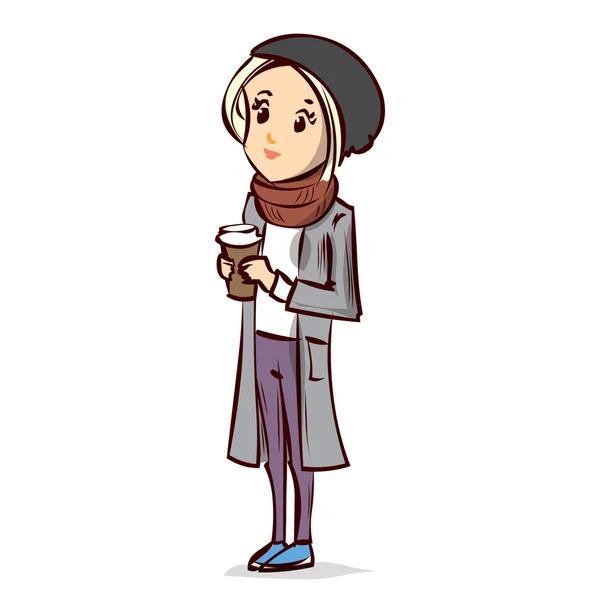 Hipster chica beber café al aire libre . — Vector de stock