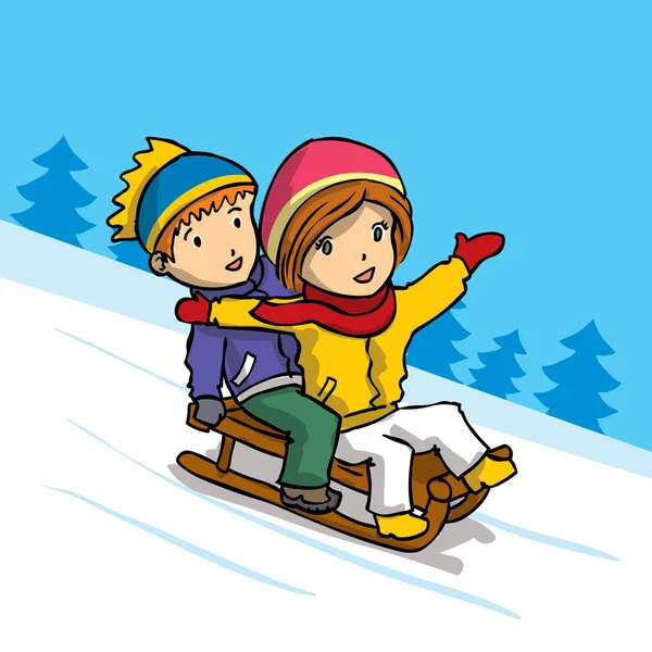 Niños en trineo sobre la nieve — Vector de stock