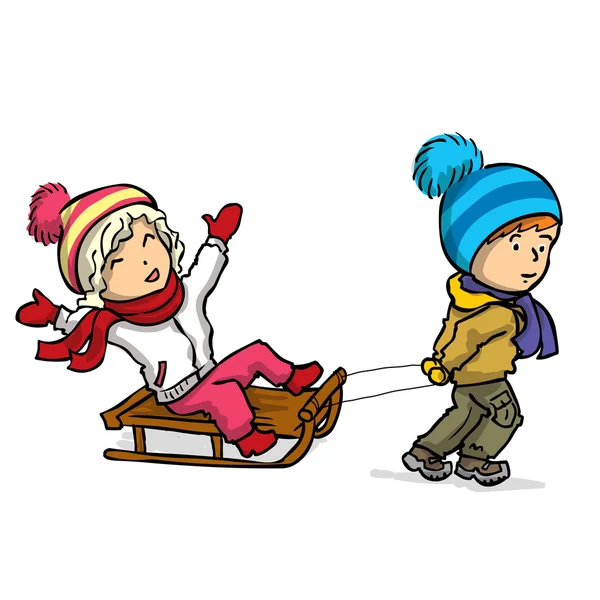 Niños en trineo sobre la nieve — Vector de stock