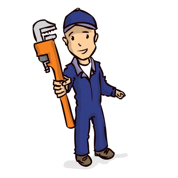 Plumber with a large adjustable spanner. — Stock Vector