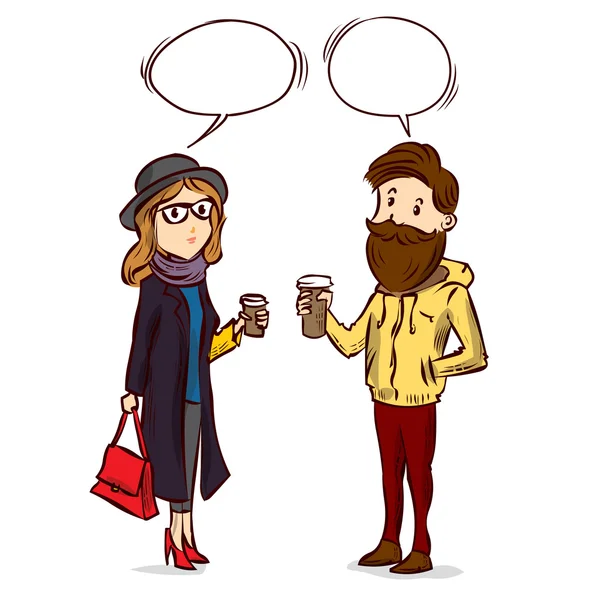 Hipster coppia bere caffè all'aperto . — Vettoriale Stock