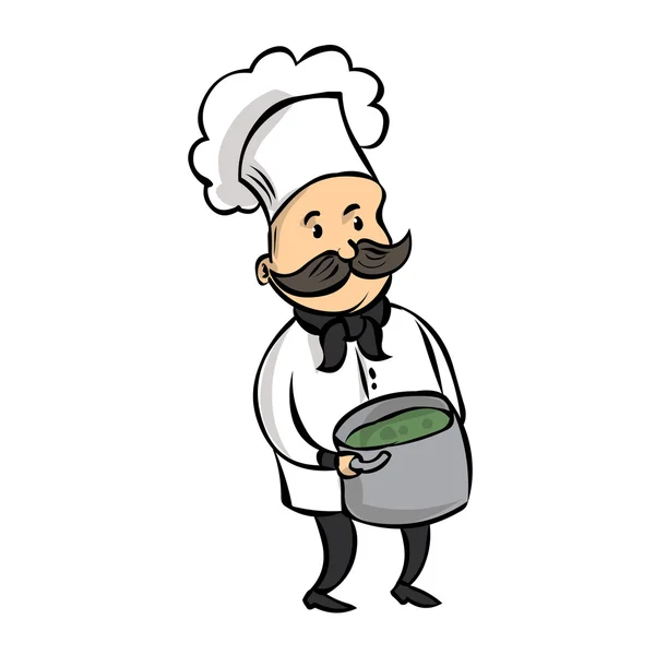 Chef mignon avec une moustache et une énorme casserole de soupe . — Image vectorielle