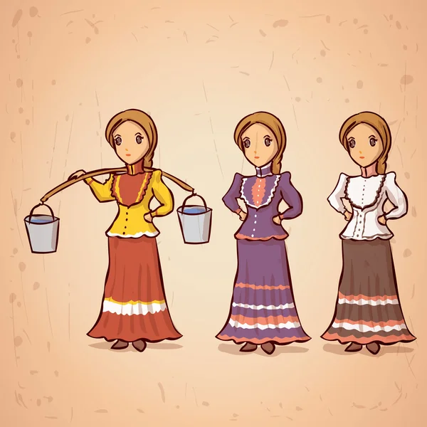 Ρωσικά κορίτσια με παραδοσιακή ενδυμασία. — Διανυσματικό Αρχείο