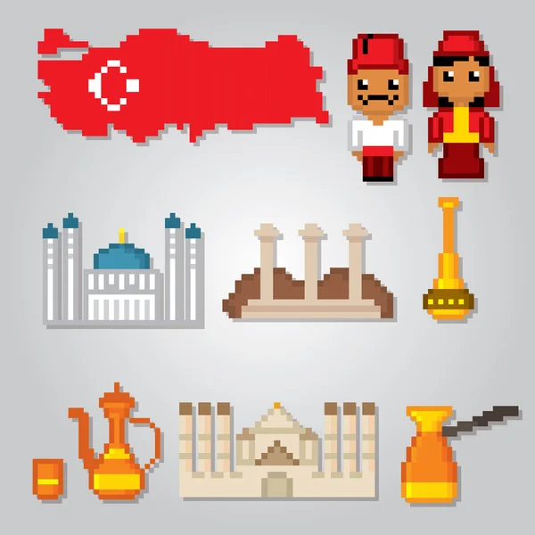 Turkey culture symbol set. Pixel art. — Stock Vector