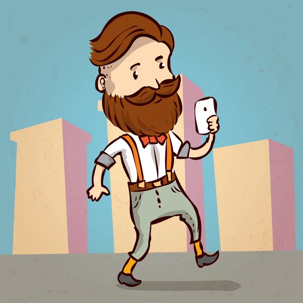 Hipster cartone animato utilizza smartphone — Vettoriale Stock