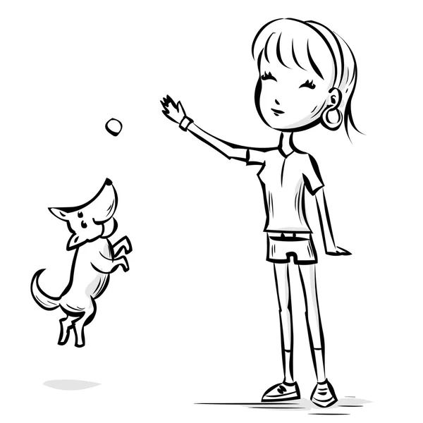 Mujer joven jugando con el perro . — Vector de stock