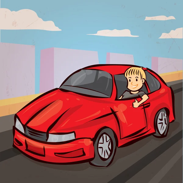 Joven sentado en un coche deportivo . — Vector de stock