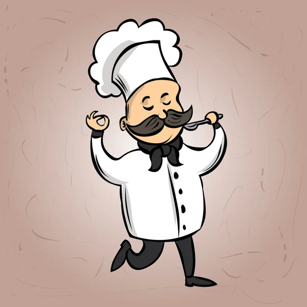 Chef mignon avec une moustache dégustation de nourriture . — Image vectorielle