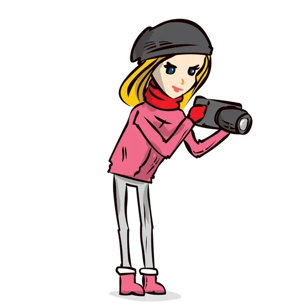 Linda chica fotógrafa en ropa de invierno — Vector de stock