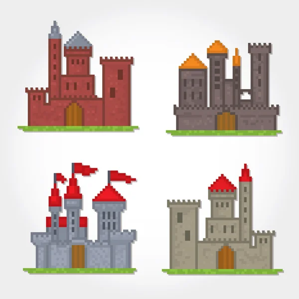 Castillos y fortalezas iconos. Pixel arte — Archivo Imágenes Vectoriales