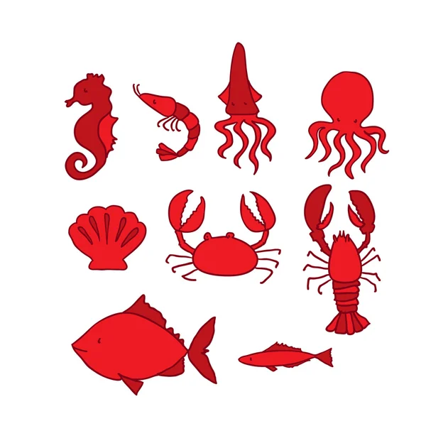 Conjunto de vida marina dibujada a mano — Vector de stock