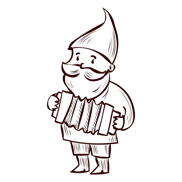 Hand drawn garden gnome playing the accordion. — Stock Vector