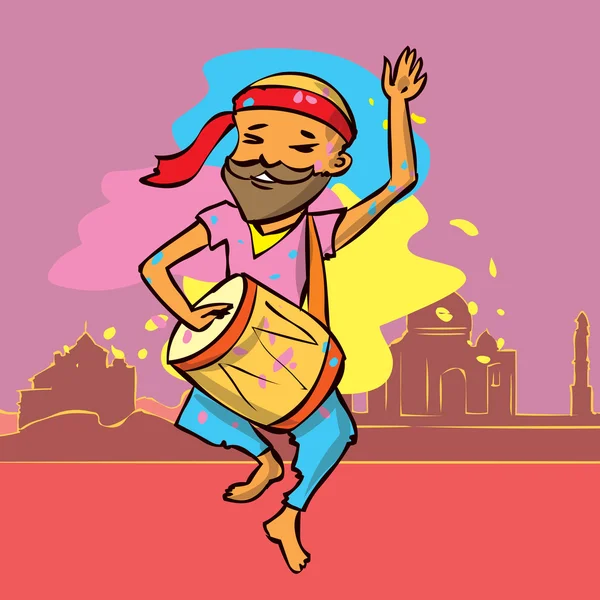 Homme avec un tambour. Fête du Holi . — Image vectorielle