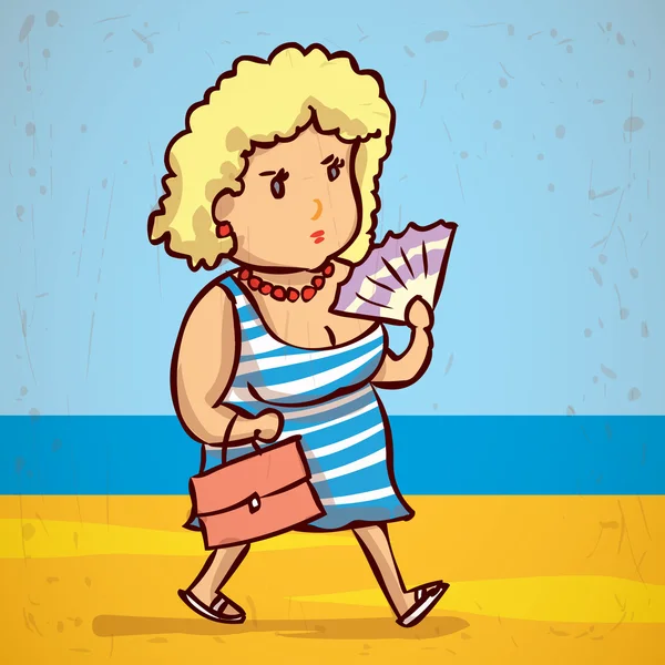 Kobieta w średnim wieku spacerująca po plaży — Wektor stockowy