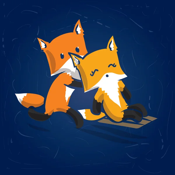 Fiú és lány fox szánkózás. Kézzel rajzolt karikatúra vektoros illusztráció — Stock Vector