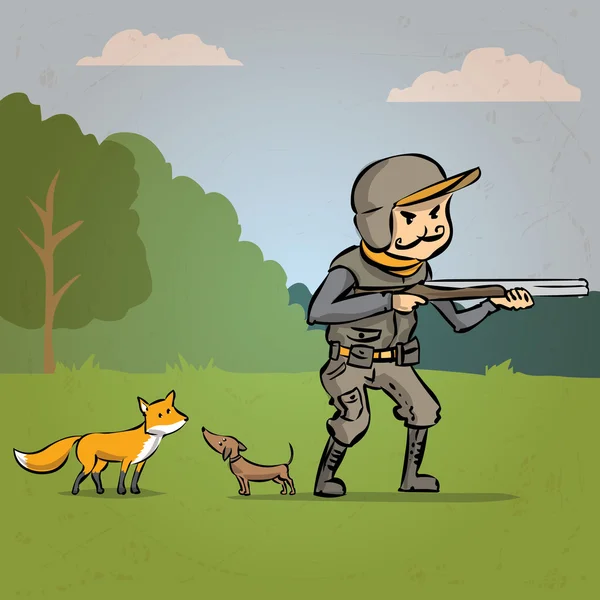 Caçador com um cão e uma arma caça raposa — Vetor de Stock