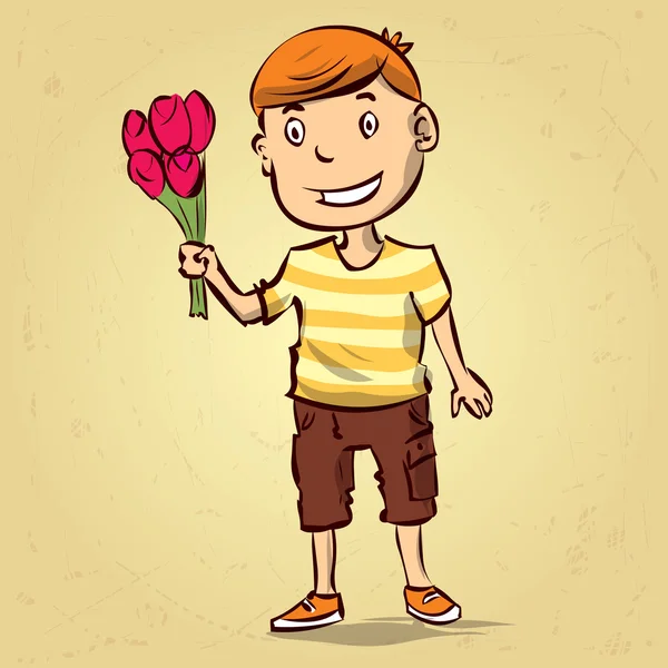 Хлопчик з букетом тюльпанів . — стоковий вектор