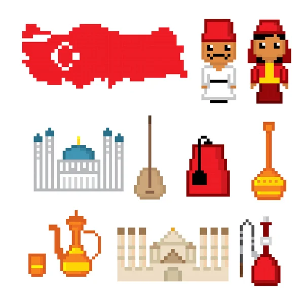 Turkey culture symbol set. Pixel art. — Stock Vector