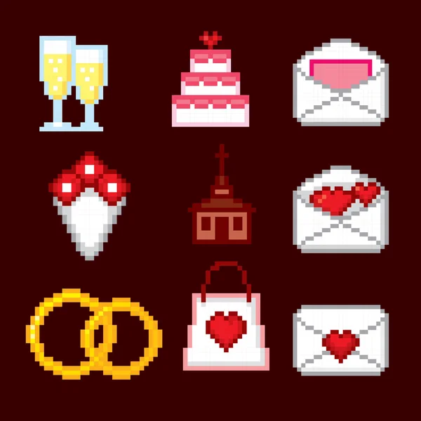 Set di icone del matrimonio. Arte pixel . — Vettoriale Stock