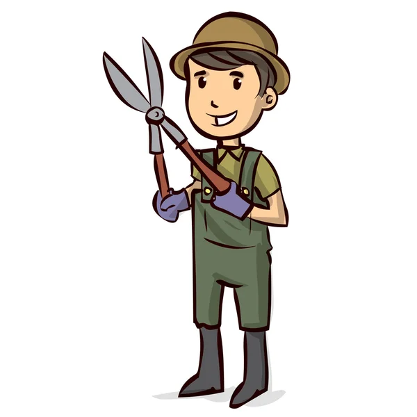 Joven jardinero sosteniendo clipper . — Vector de stock