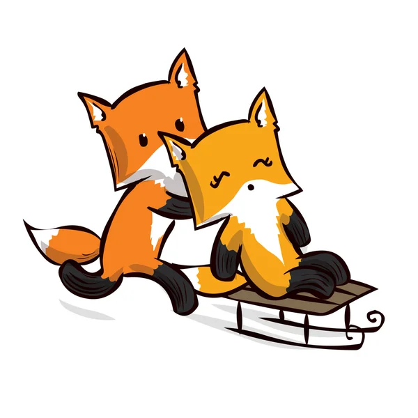 Boy and girl fox sledding. Hand drawn cartoon vector illustration — Stock Vector
