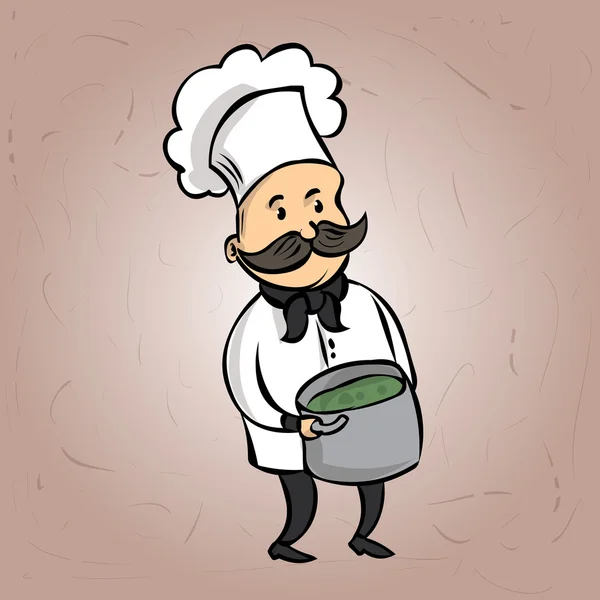Carino Chef con i baffi e un'enorme pentola di zuppa . — Vettoriale Stock