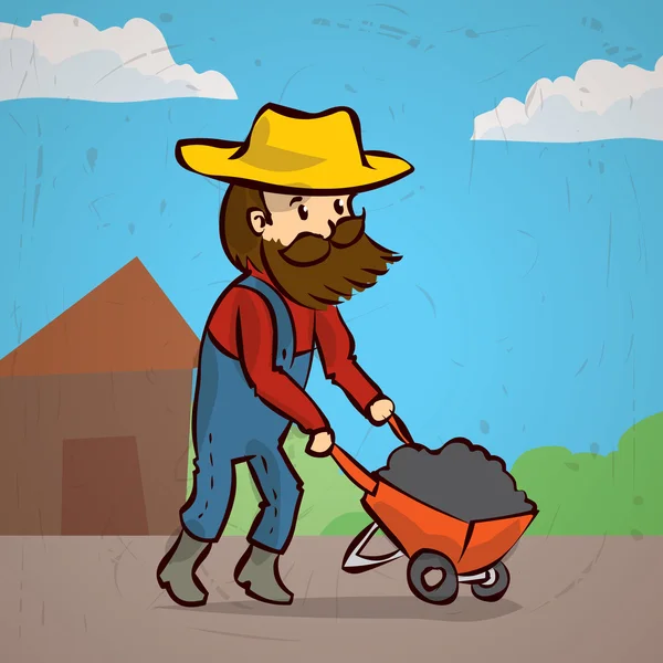 Cartoon Farmer porta una carriola — Vettoriale Stock