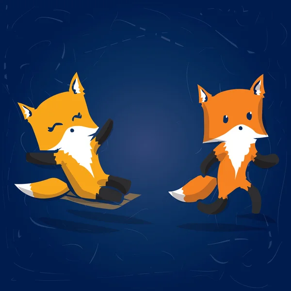 Fiú és lány fox szánkózás. Kézzel rajzolt karikatúra vektoros illusztráció — Stock Vector