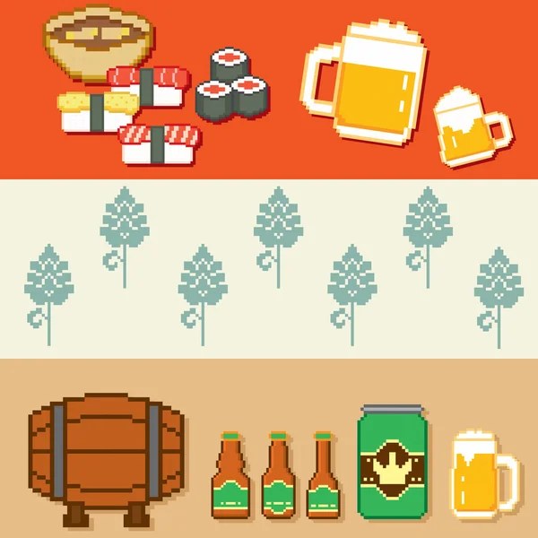 Ensemble de bannières pixel bière et snacks — Image vectorielle
