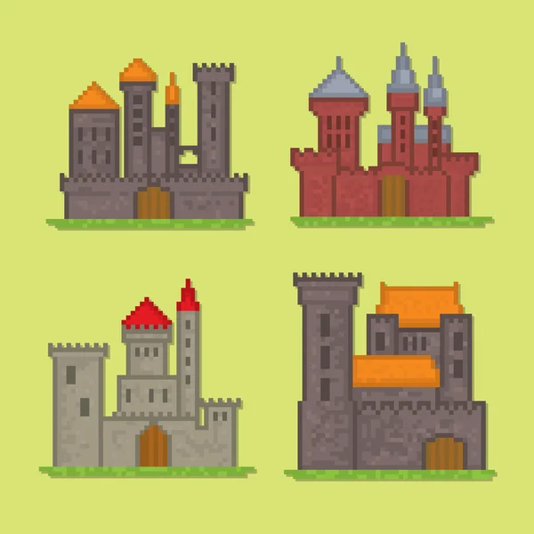 Castelos e fortalezas ícones. Arte Pixel —  Vetores de Stock