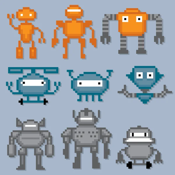 Cartoon robotar in. Pixel konst. — Stock vektor