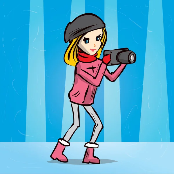 Милая девушка-фотограф в зимней одежде — стоковый вектор