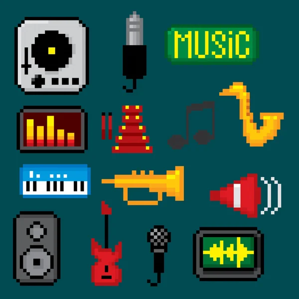 De pictogrammen van de muziek instellen. Pixelart — Stockvector