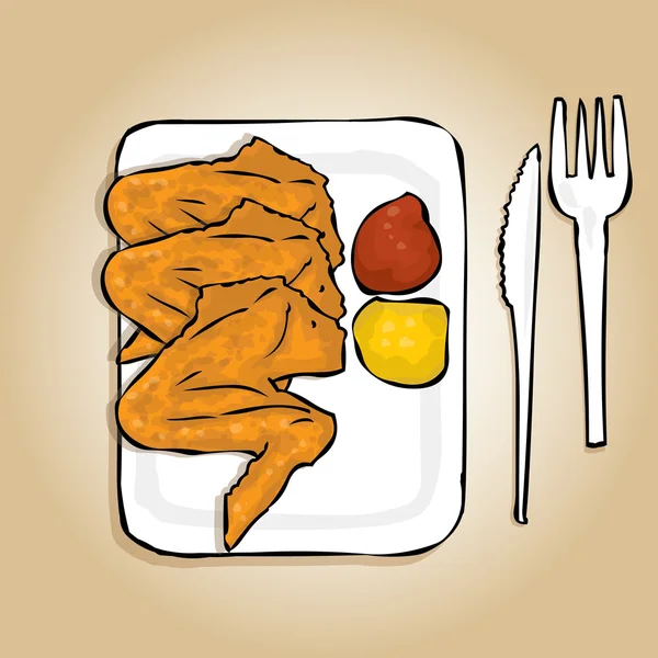 Alitas de pollo frito en un plato blanco — Vector de stock