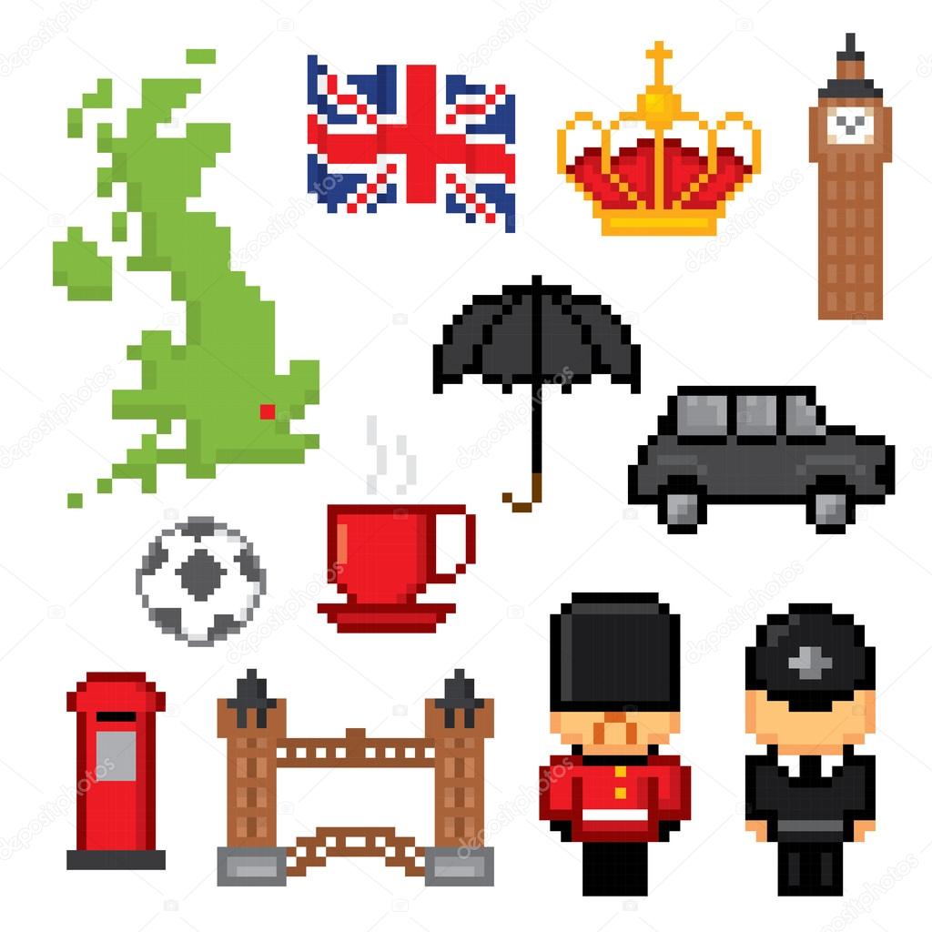 England culture symbols icons set. 