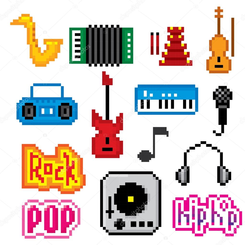 Music icons set. Pixel art