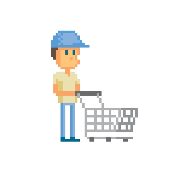 Comprador Masculino Con Carrito Compras Pixel Art Gráfico Computadora Vieja — Archivo Imágenes Vectoriales