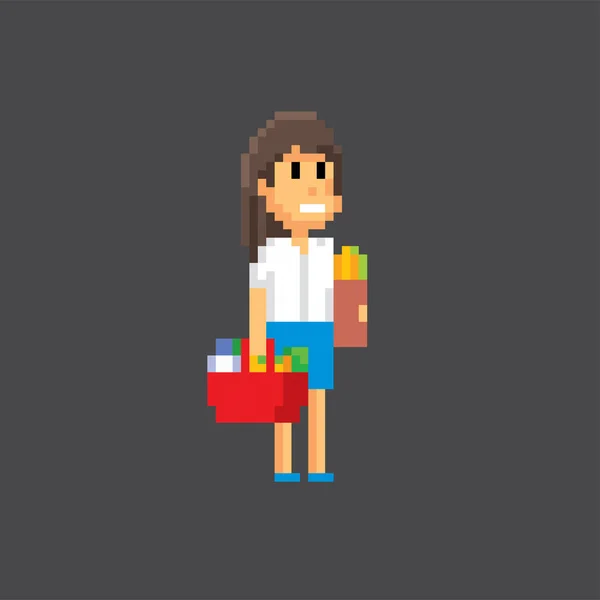 Vrouwelijke Shopper Met Boodschappenmandje Pixel Kunst Een Ouderwetse Computer Bit — Stockvector