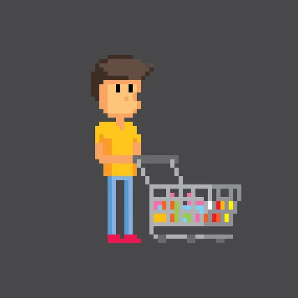 有满载购物车的男性购物者 Pixel艺术 旧式计算机图形 8位视频游戏 游戏资产8位精灵 16位 — 图库矢量图片