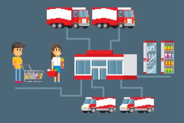 Infographie Des Supermarchés Pixel Art Ordinateur Graphique Vieille École Jeu — Image vectorielle