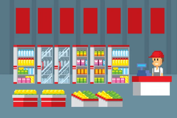 Intérieur Supermarché Pixel Art Ordinateur Graphique Vieille École Jeu Vidéo — Image vectorielle