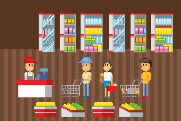 Intérieur Supermarché Pixel Art Ordinateur Graphique Vieille École Jeu Vidéo — Image vectorielle