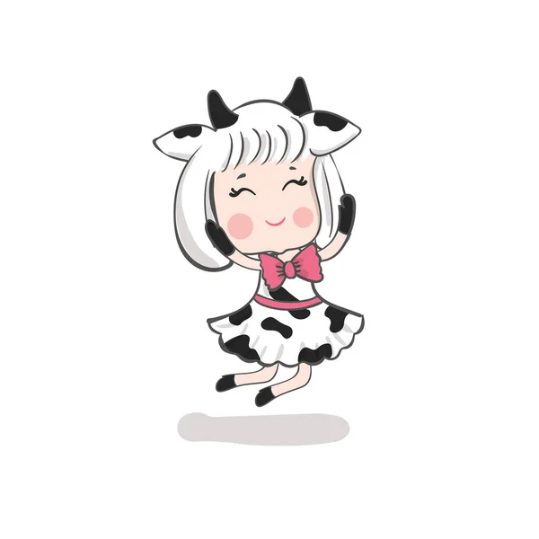 穿着奶牛服装的可爱的快乐的女孩跳了起来 Kawaii卡通 — 图库矢量图片
