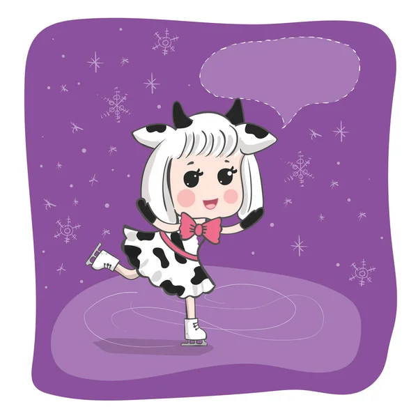 Une Jolie Fille Heureuse Costume Vache Patine Sur Glace Caricature — Image vectorielle